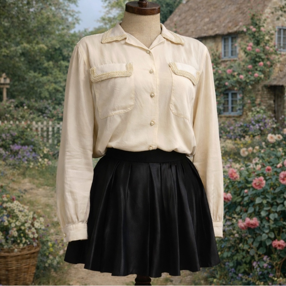 Vintage 1980s Forenza Cream, Rayon, Button-Up Blouse With Faux Pearl Detail